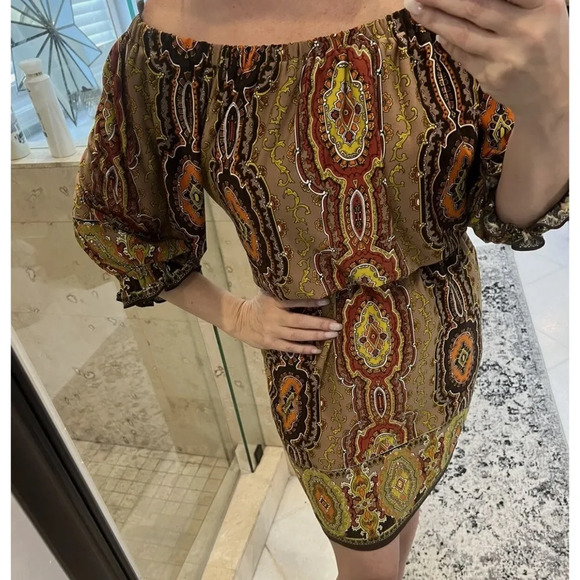 Boston Proper Muse Size 4 Brown Yellow Jersey Off The Shoulder Dress - Picture 10 of 10